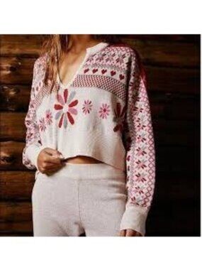 Free People Cocoa Kisses Sweater Wool Blend Fair Isle Heart Floral Sm Loungewear
